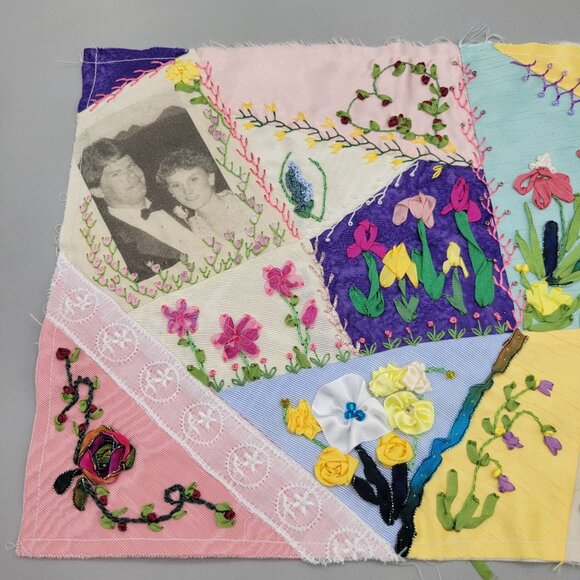 Handcrafted Crazy Quilt Panel Silk Ribbon Embroidery Appliqué Photos Flowers - Picture 3 of 6